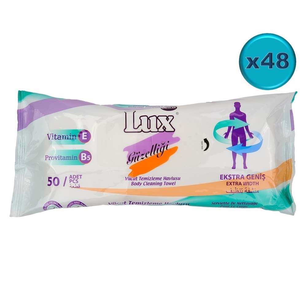 Lux Yetişkin Vücut Temizleme Islak Mendil Havlu 50 Yaprak XL (48 Li Set)