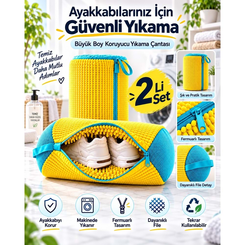 Mandaş Büyük Boy Ayakkabı Yıkama Torba File Özel Makarna Kumaş Makinede Deforme Önleyici (2 Li Set)