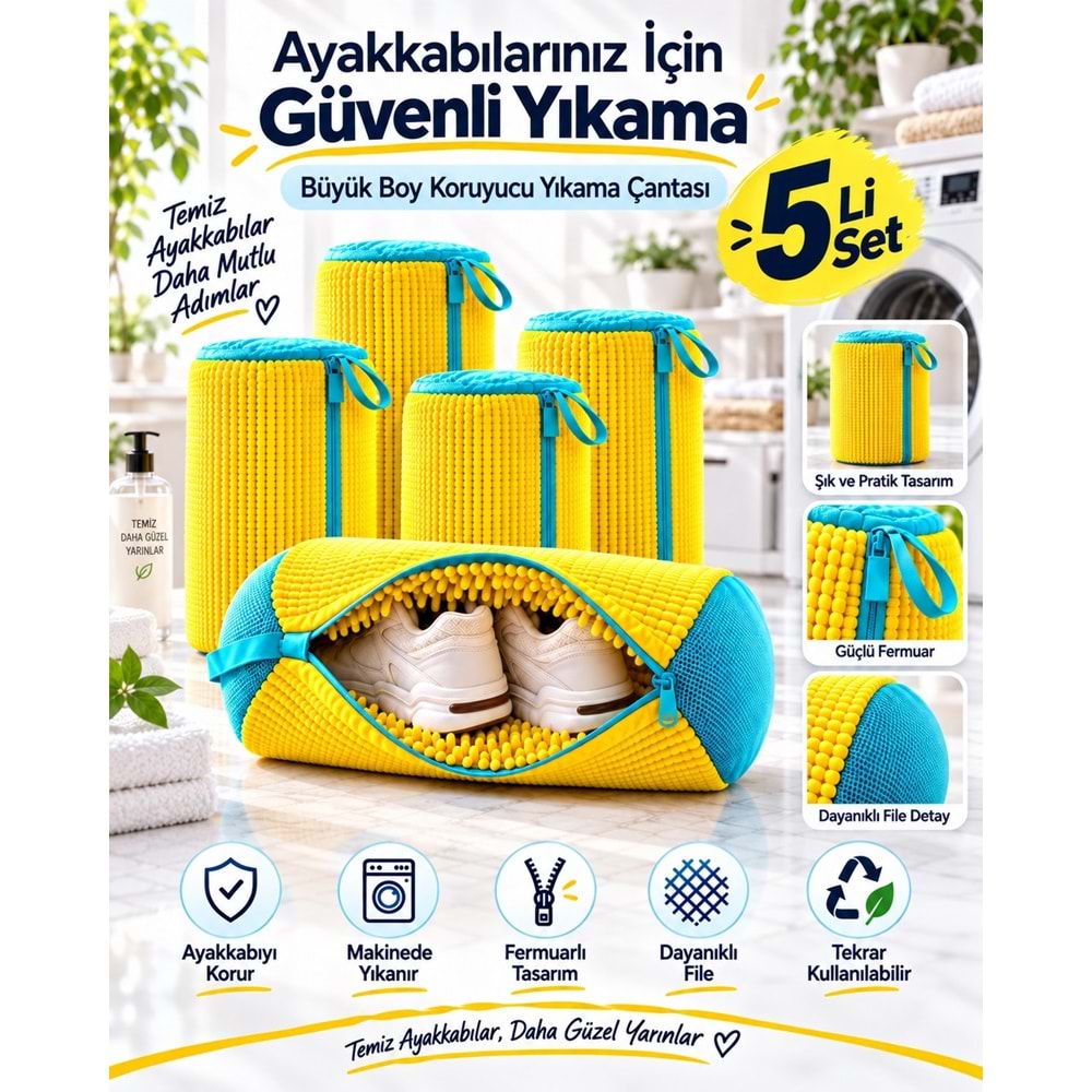 Mandaş Büyük Boy Ayakkabı Yıkama Torba File Özel Makarna Kumaş Makinede Deforme Önleyici (5 Li Set)