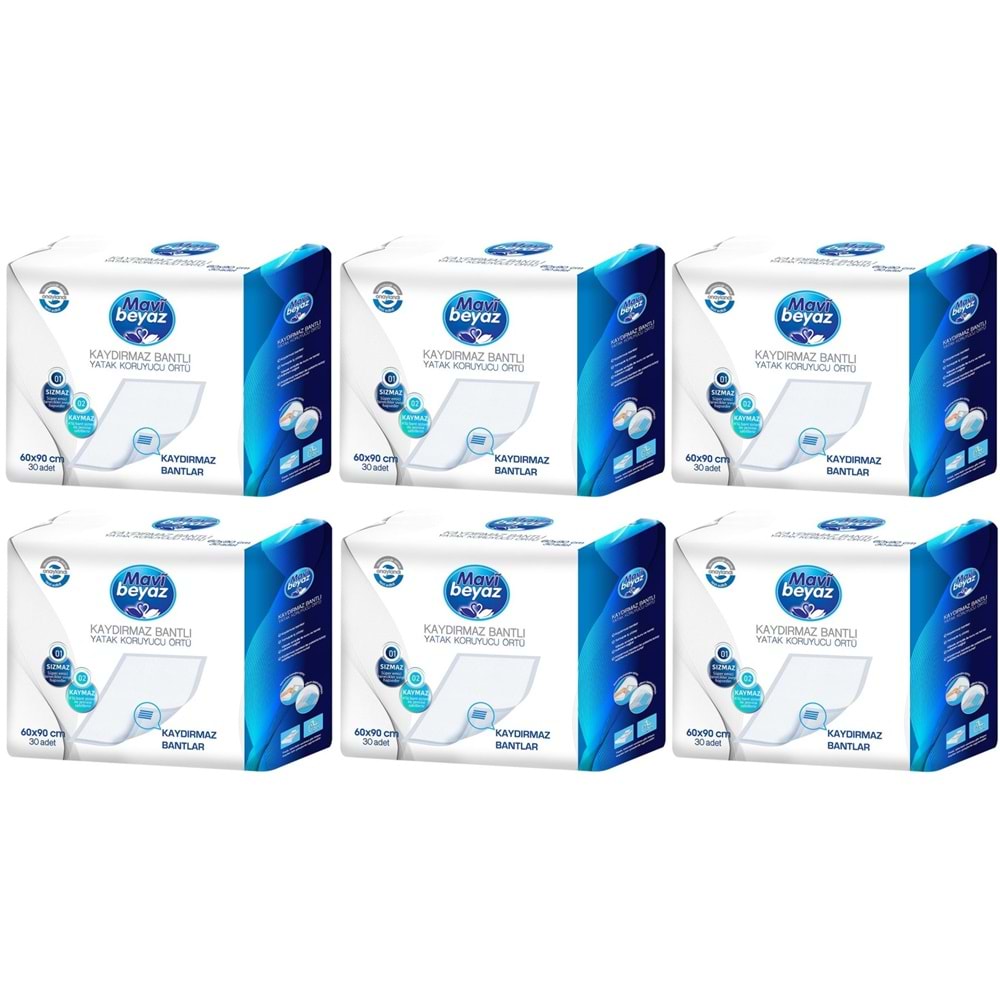 Mavi Beyaz Yetişkin Alt Açma Yatak Koruyucu Örtü 60*90CM 180 Adet (6PK*30) Kaydırmaz Bantlı