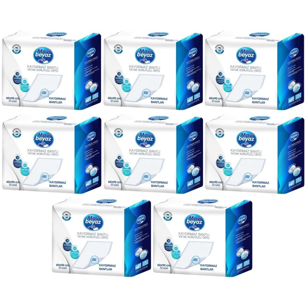 Mavi Beyaz Yetişkin Alt Açma Yatak Koruyucu Örtü 60*90CM 240 Adet (8PK*30) Kaydırmaz Bantlı