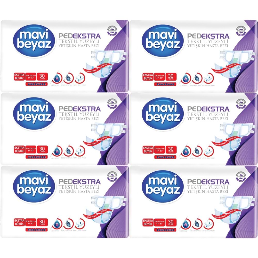 Mavi Beyaz Ped Ekstra Tekstil Yüzeyli Bel Bantlı Yetişkin Bezi XL -Extra Large -Ekstra Büyük 180 Adt