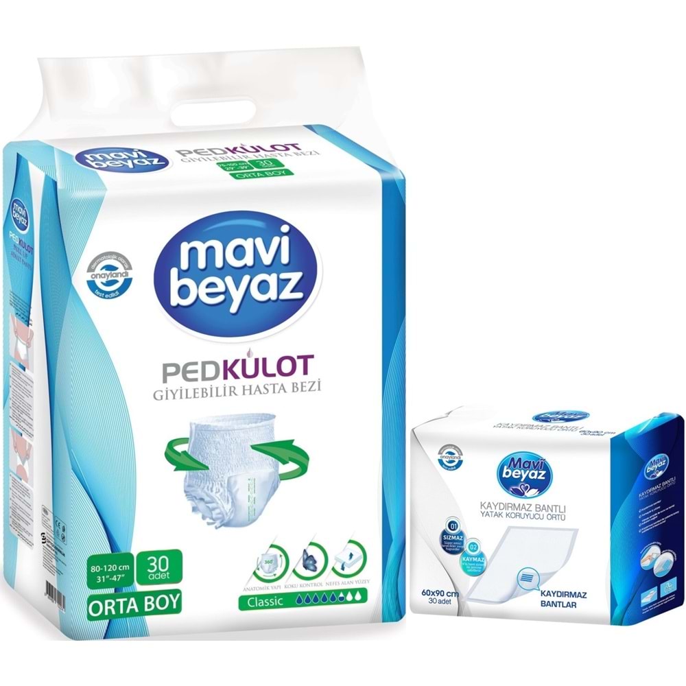 Mavi Beyaz Ped Emici Külot Yetişkin Bezi M - Medium Orta 30 Adet + Yatak Koruyucu Örtü 60*90CM 30 Adet