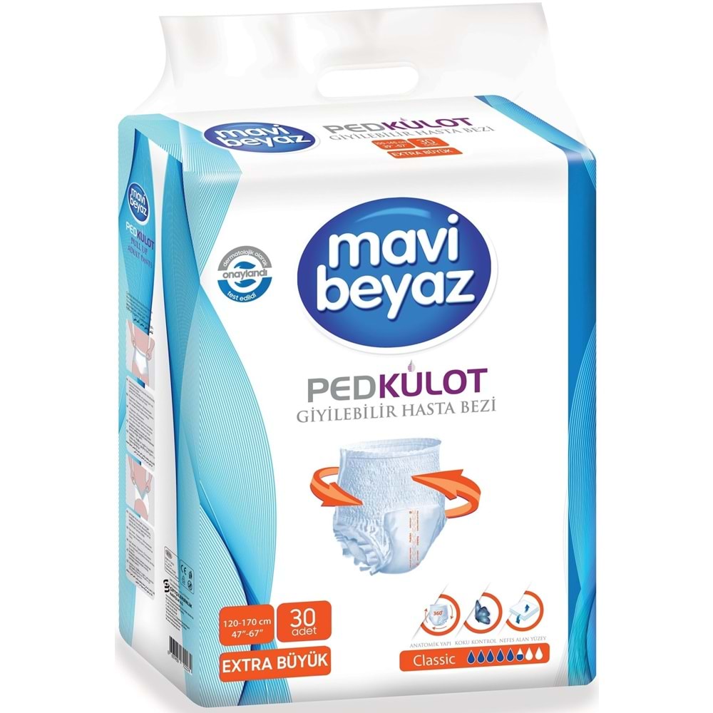 Mavi Beyaz Ped Emici Külot Yetişkin Bezi XL-Ekstra Büyük 90 Adet + Yatak Koruyucu Örtü 60*90CM 60 Adet