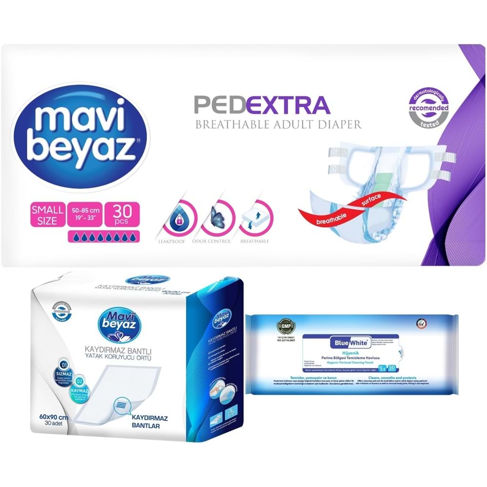 Mavi Beyaz Ped Ekstra Tekstil Yüzeyli Yetişkin Bel Bantlı Yetişkin Bezi S 30 Adet+ Yatak Korucu + Havlu