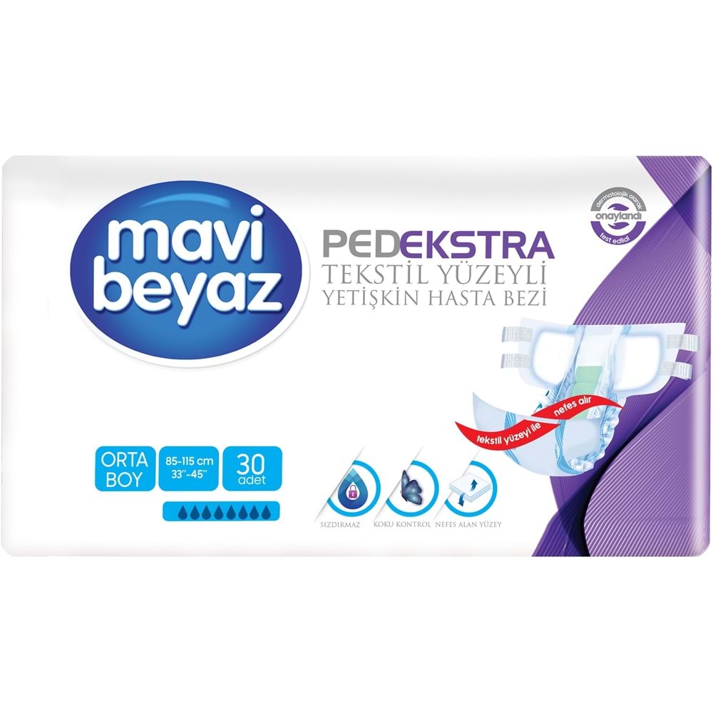 Mavi Beyaz Ped Ekstra Tekstil Yüzeyli Bel Bantlı Yetişkin Bezi M 30 Adet+ Yatak Korucu + Havlu