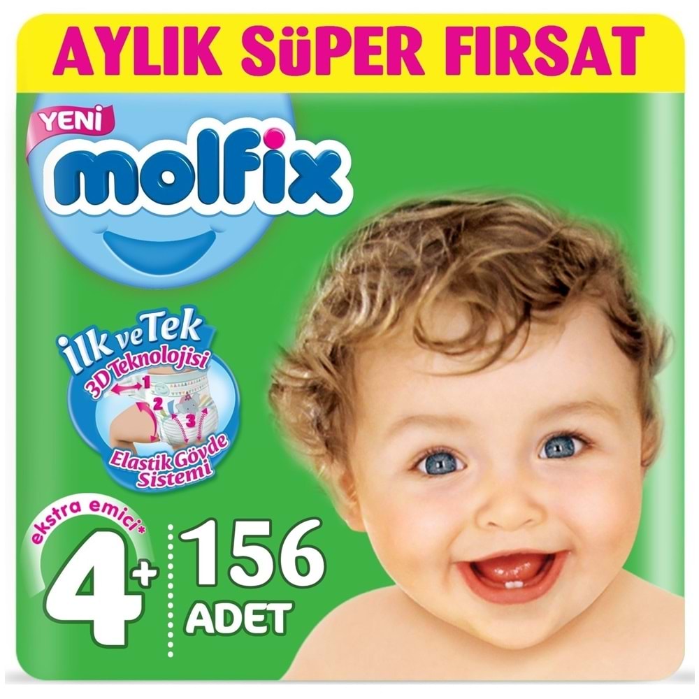 Molfix Bebek Bezi 4+ Beden 9-16 KG Maxi Plus 156 Adet Aylık Fırsat Pk + 9 Adet Islak Havlu