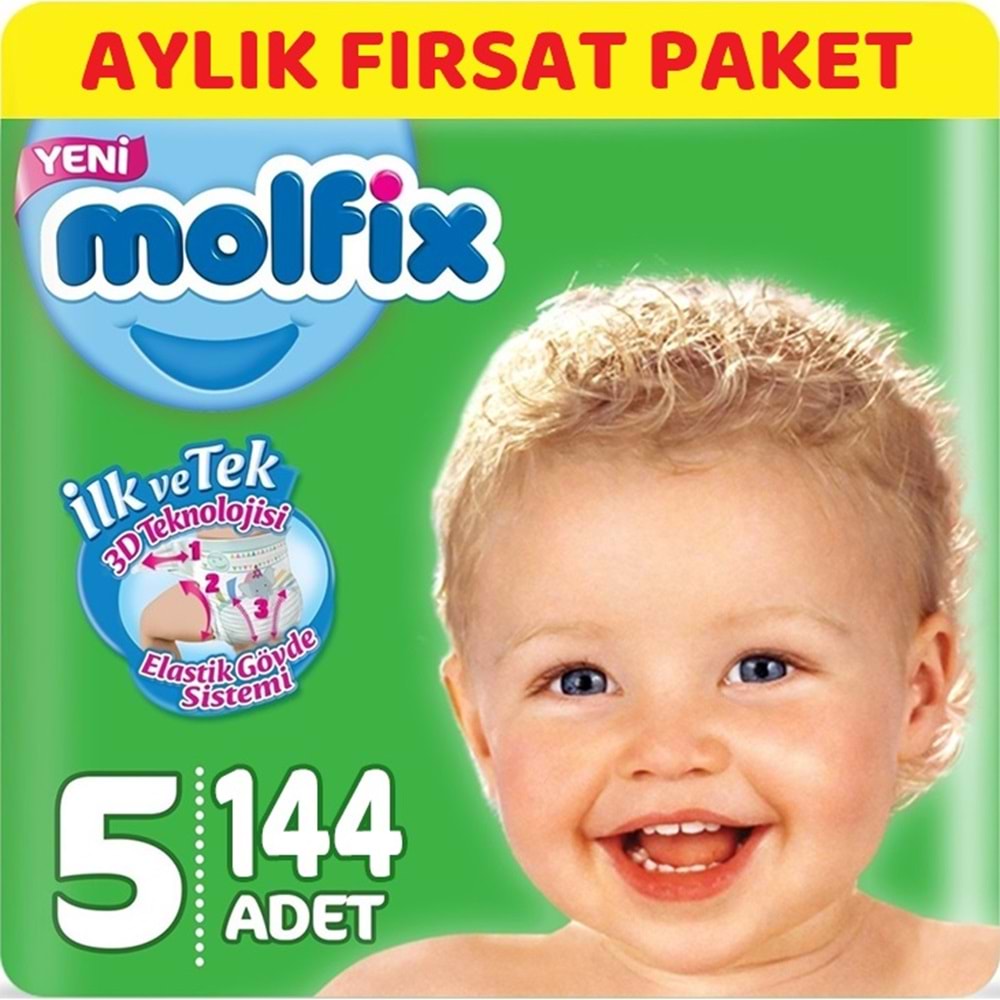 Molfix Bebek Bezi 5 Beden 11-18 KG Junior 144 Adet Aylık Fırsat Pk + 9 Adet Islak Havlu