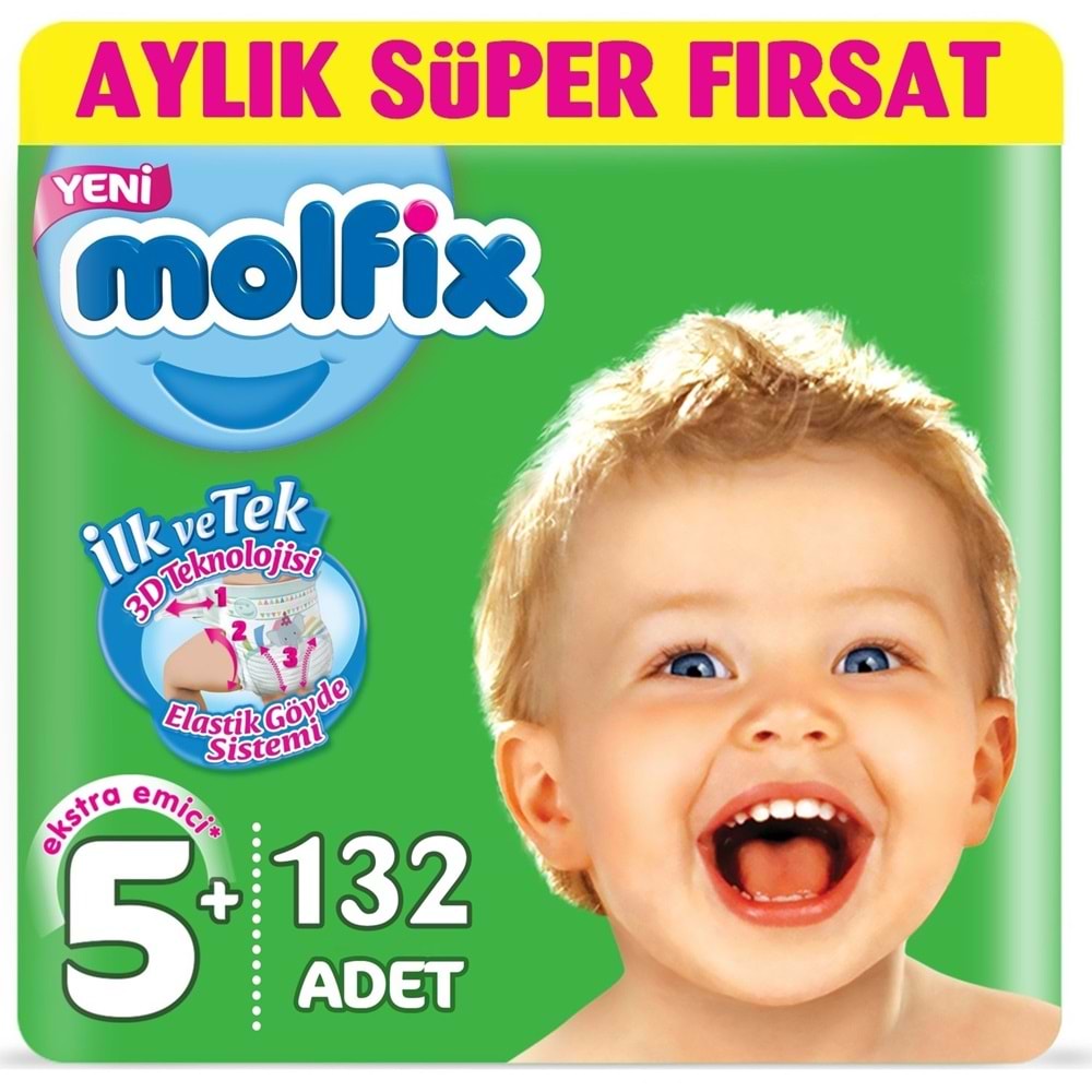 Molfix Bebek Bezi 5+ Beden 13-20 KG 132 Adet Aylık Fırsat Pk + 9 Adet Islak Havlu