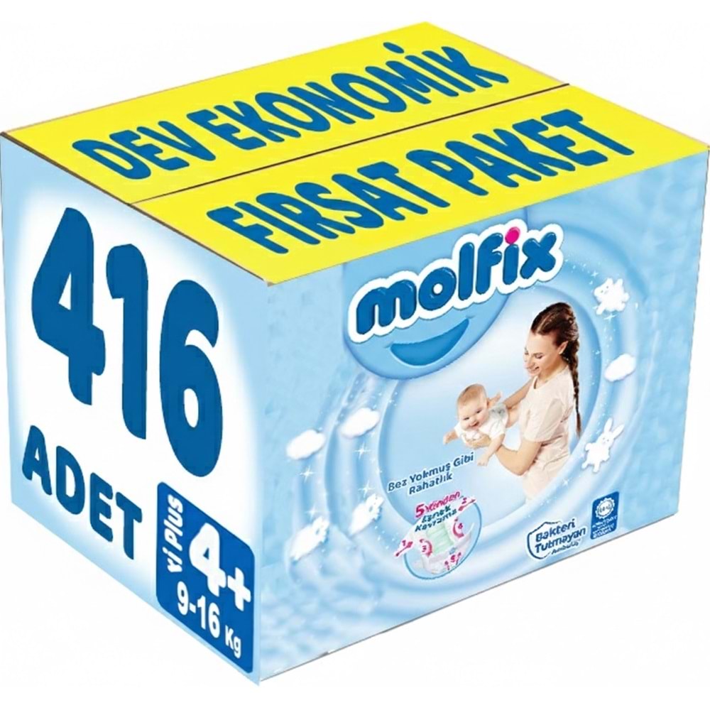 Molfix Bebek Bezi 4+ Beden 9-16 KG Maxi Plus 416 Adet Dev Ekonomik Fırsat Pk