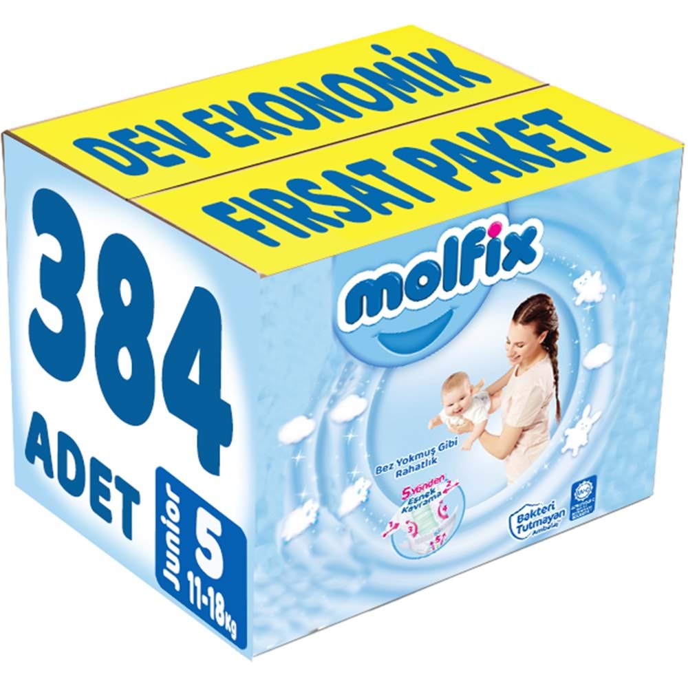 Molfix Bebek Bezi 5 Beden 11-18 KG Junior 384 Adet Dev Ekonomik Fırsat Pk