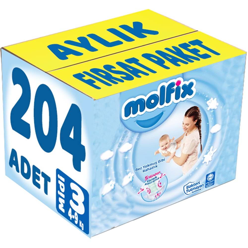 Molfix Bebek Bezi 3 Beden 4-9 KG Midi 204 Adet Aylık Fırsat Pk