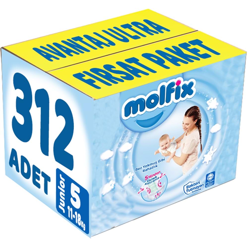 Molfix Bebek Bezi 5 Beden 11-18 KG Junior 312 Adet Avantaj Ultra Fırsat Pk