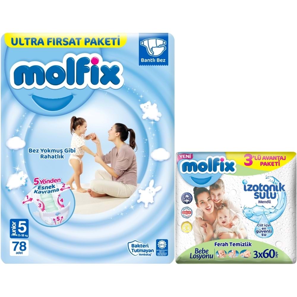 Molfix Bebek Bezi 5 Beden 11-18 KG Junior 78 Adet Ultra Fırsat Pk+3 Adet Islak Mendil