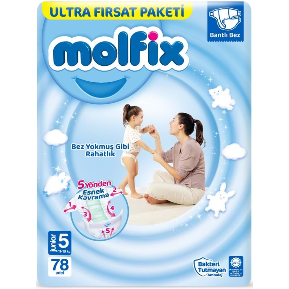 Molfix Bebek Bezi 5 Beden 11-18 KG Junior 78 Adet Ultra Fırsat Pk+3 Adet Islak Mendil