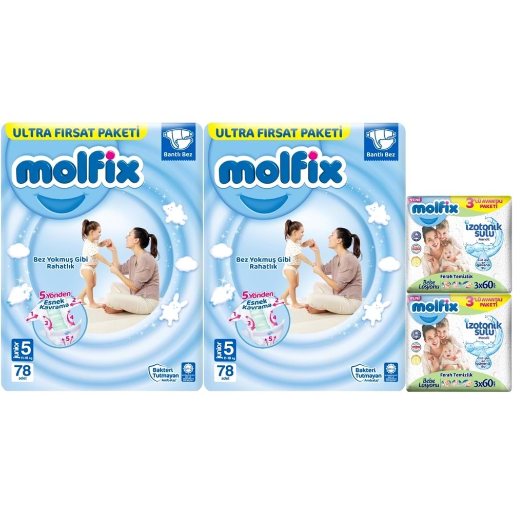 Molfix Bebek Bezi 5 Beden 11-18 KG Junior 156 Adet Ekonomik Ultra Fırsat Pk+6 Adet Islak Mendil