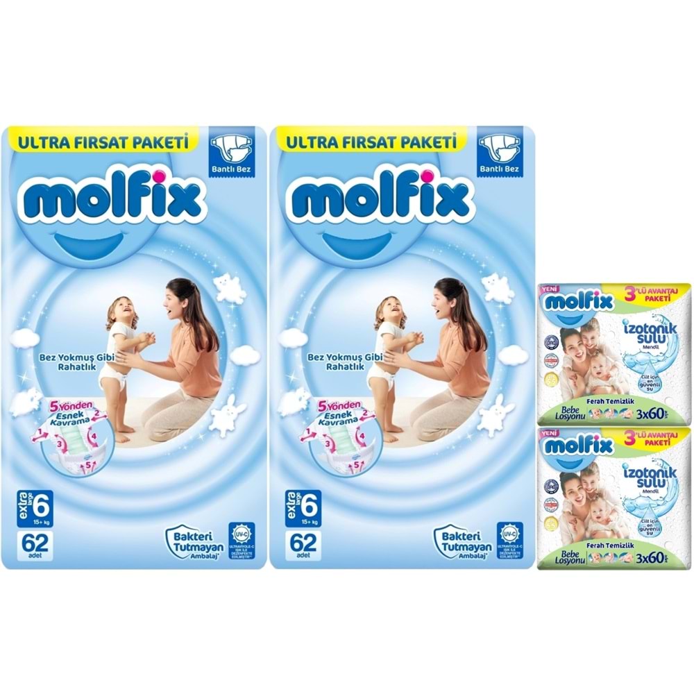 Molfix Bebek Bezi 6 Beden 15+ KG Extra Large 124 Adet Ekonomik Ultra Fırsat Pk+6 Adet Islak Mendil
