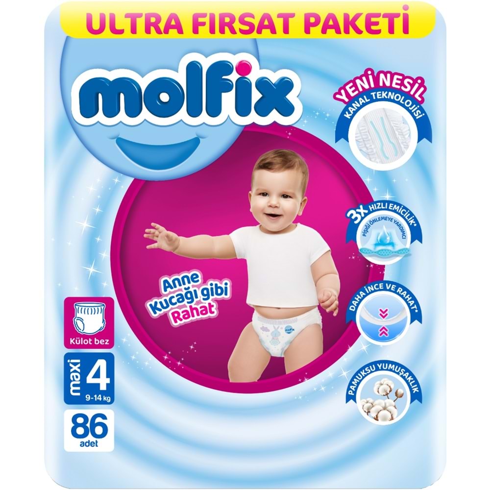 Molfix Külot Bebek Bezi 4 Beden 9-14 KG Maxi 258 Adet Aylık Ultra Fırsat Pk