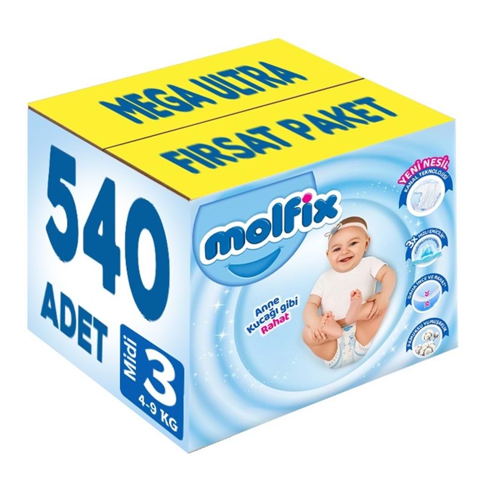 Molfix Bebek Bezi 3 Beden 4-9 KG Midi 540 Adet Mega Ultra Fırsat Pk