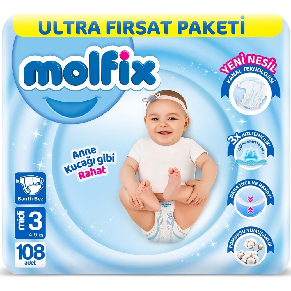 Molfix Bebek Bezi 3 Beden 4-9 KG Midi 540 Adet Mega Ultra Fırsat Pk