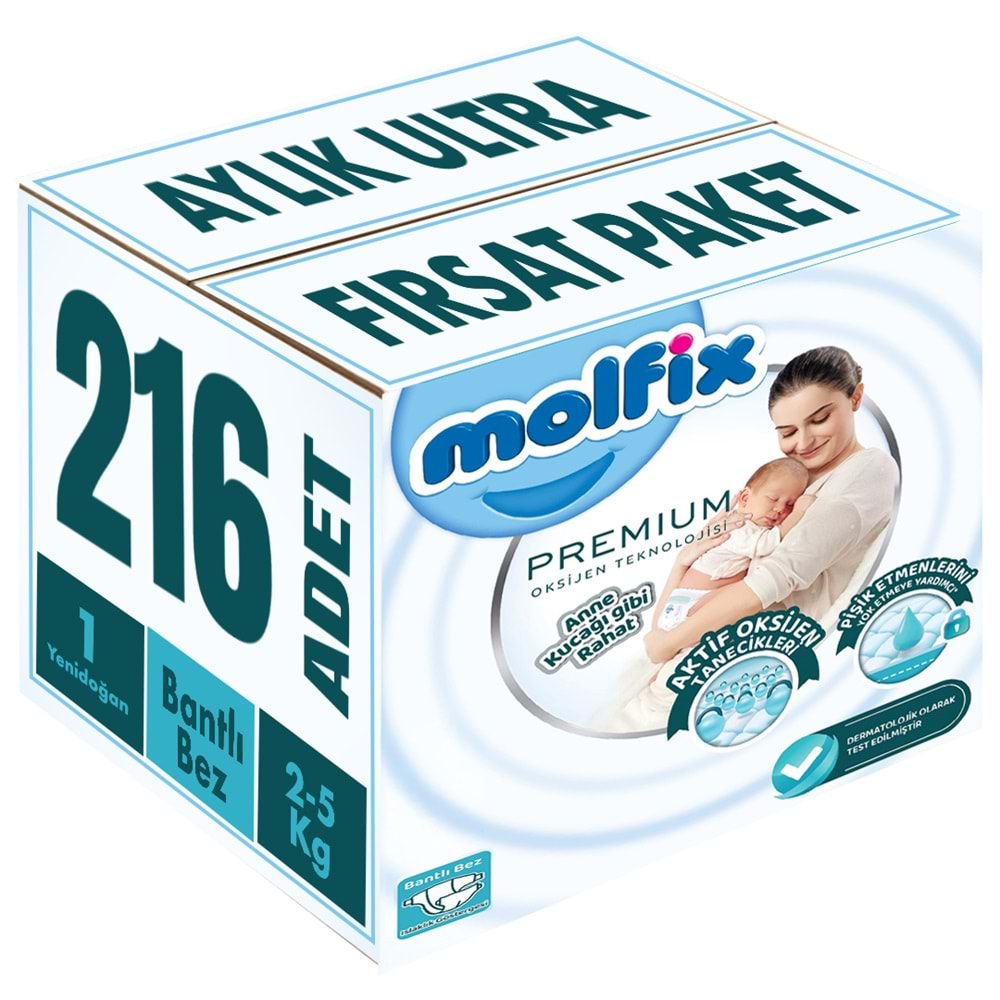 Molfix Premium Bebek Bezi 1 Beden 2-5 KG Yeni Doğan 216 Adet Aylık Ultra Fırsat Pk