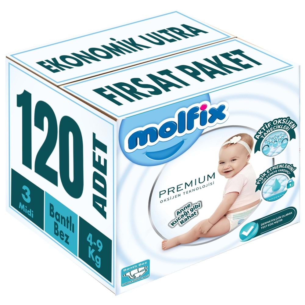 Molfix Premium Bebek Bezi 3 Beden 4-9 KG Midi 120 Adet Ekonomik Ultra Fırsat Pk