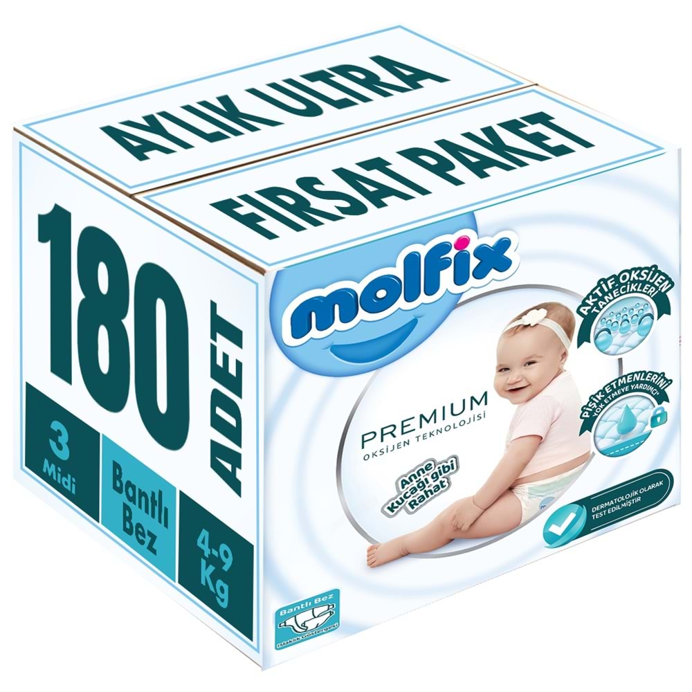 Molfix Premium Bebek Bezi 3 Beden 4-9 KG Midi 180 Adet Aylık Ultra Fırsat Pk