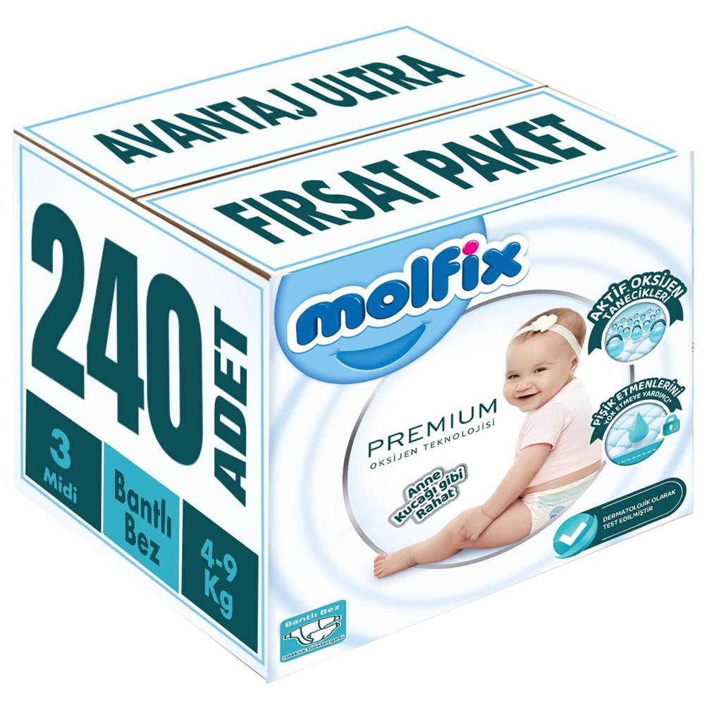 Molfix Premium Bebek Bezi 3 Beden 4-9 KG Midi 240 Adet Avataj Ultra Fırsat Pk