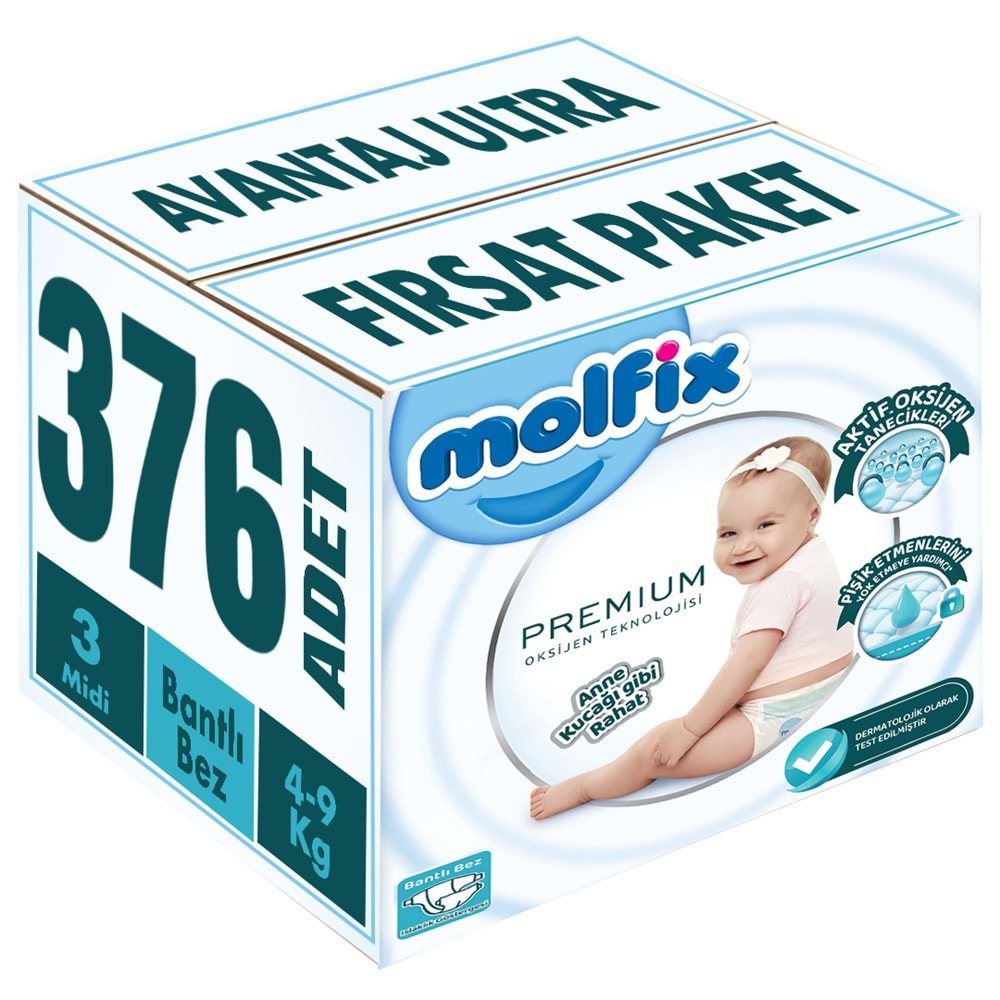 Molfix Premium Bebek Bezi 3 Beden 4-9 KG Midi 376 Adet Avantaj Ultra Fırsat Pk