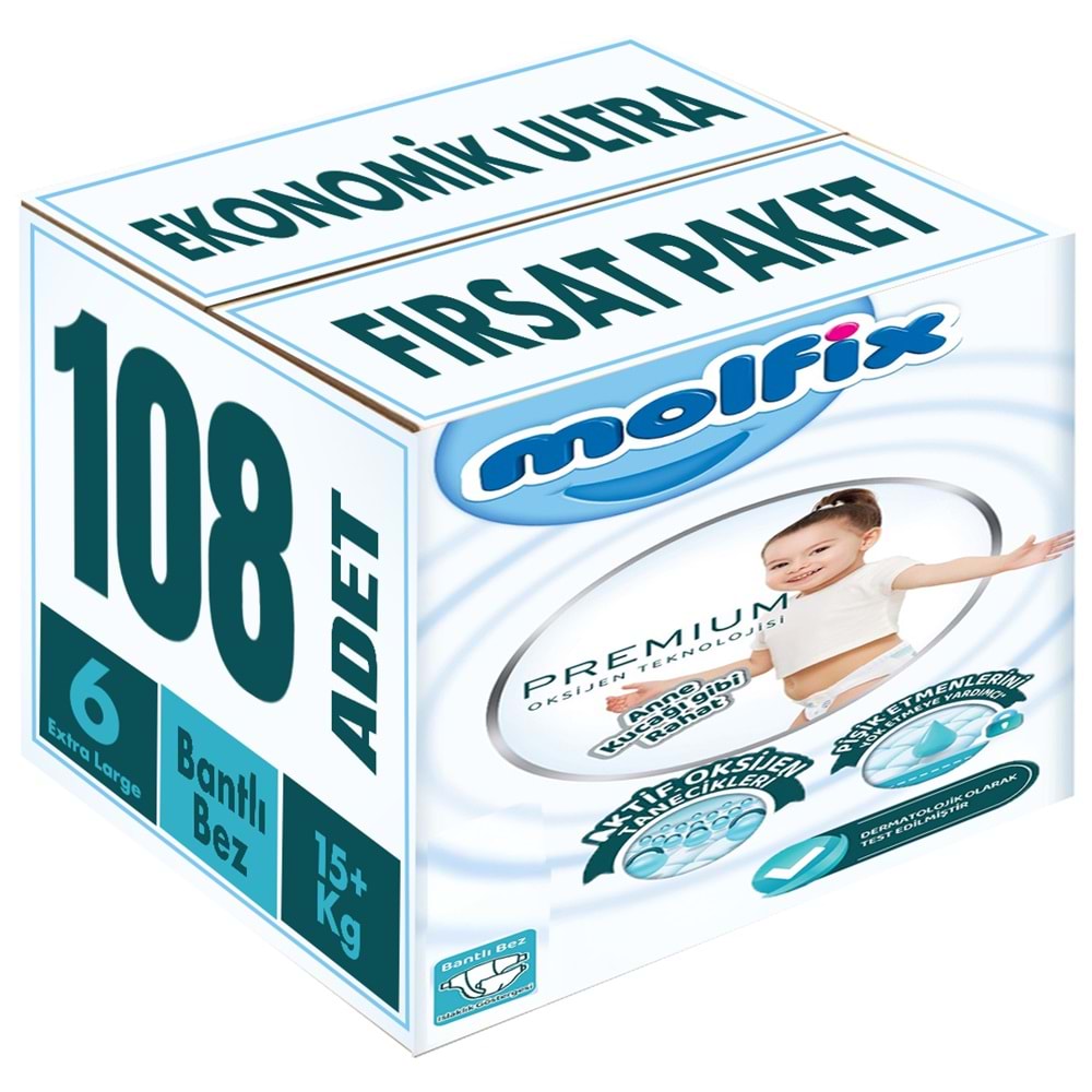 Molfix Premium Bebek Bezi 6 Beden 15+ KG Extra Large 108 Adet Ekonomik Ultra Fırsat Pk