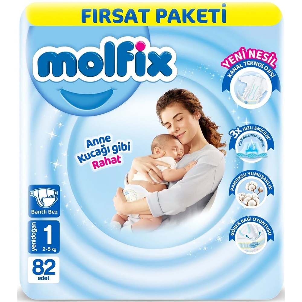 Molfix Bebek Bezi 1 Beden 2-5 KG Yeni Doğan 82 Adet Fırsat Pk + 3 Adet Islak Mendil