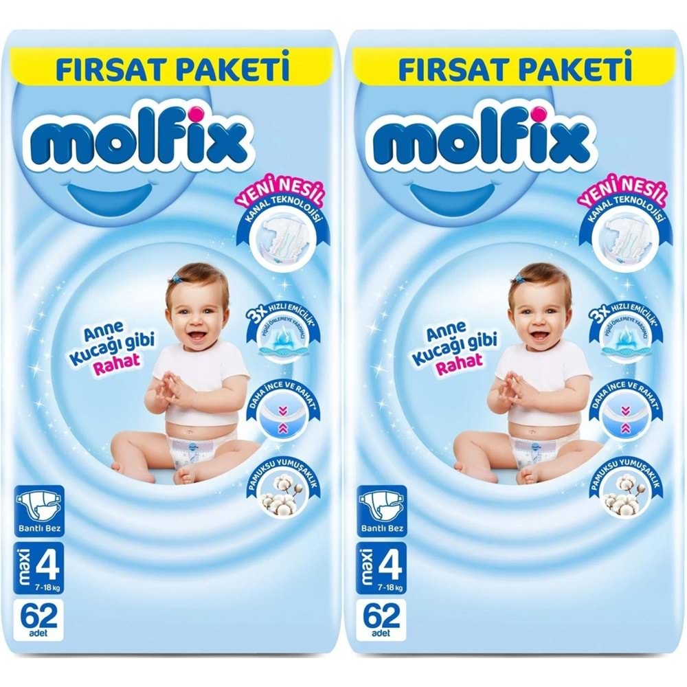 Molfix Bebek Bezi 4 Beden 7-14 KG Maxi 124 Adet Ekonomik Fırsat Pk