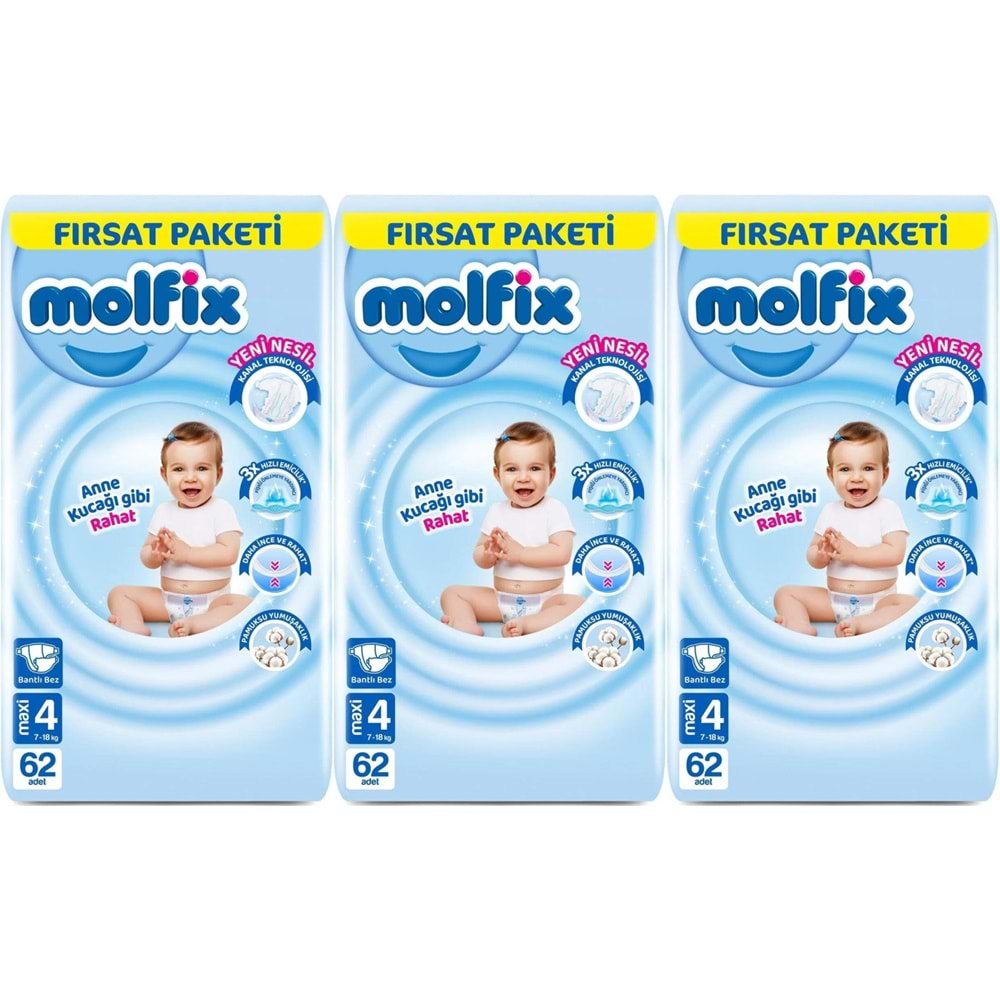 Molfix Bebek Bezi 4 Beden 7-14 KG Maxi 186 Adet Aylık Fırsat Pk