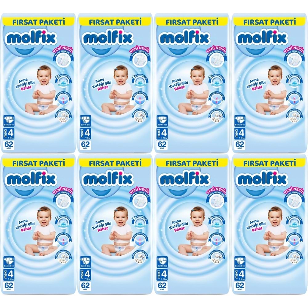 Molfix Bebek Bezi 4 Beden 7-14 KG Maxi 496 Adet Dev Ekonomik Fırsat Pk