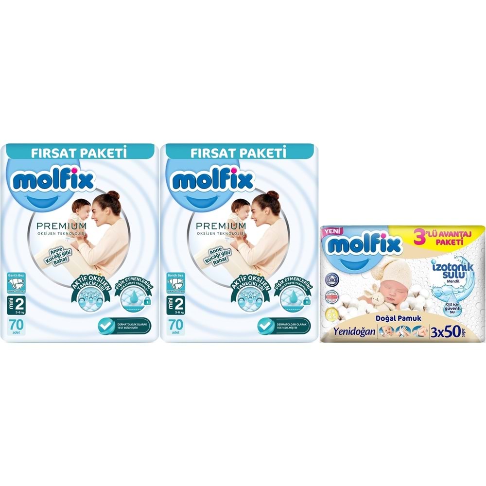 Molfix Premium Bebek Bezi 2 Beden 3-6 KG Mini 140 Ad Ekonomik Ultra Fırsat Pk+ 3 Adet Islak Mendil