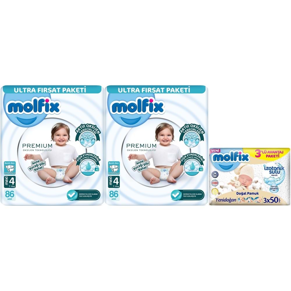 Molfix Premium Bebek Bezi 4 Beden 7-14 KG Maxi 172 Adet Ultra Fırsat Pk + 3 Adet Islak Mendil