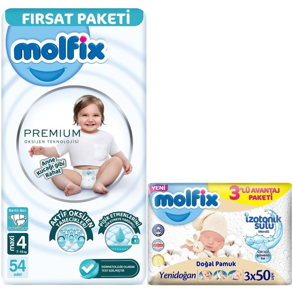 Molfix Premium Bebek Bezi 4 Beden 7-14 KG Maxi 54 Adet Fırsat Pk + 3 Adet Islak Mendil