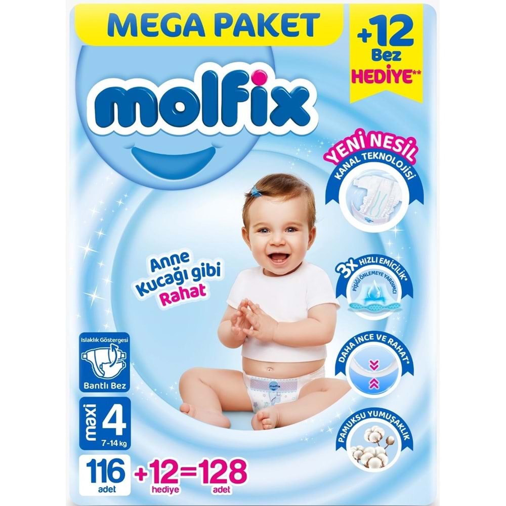 Molfix Bebek Bezi 4 Beden 7-14 KG Maxi 384 Adet Mega Aylık Fırsat Pk