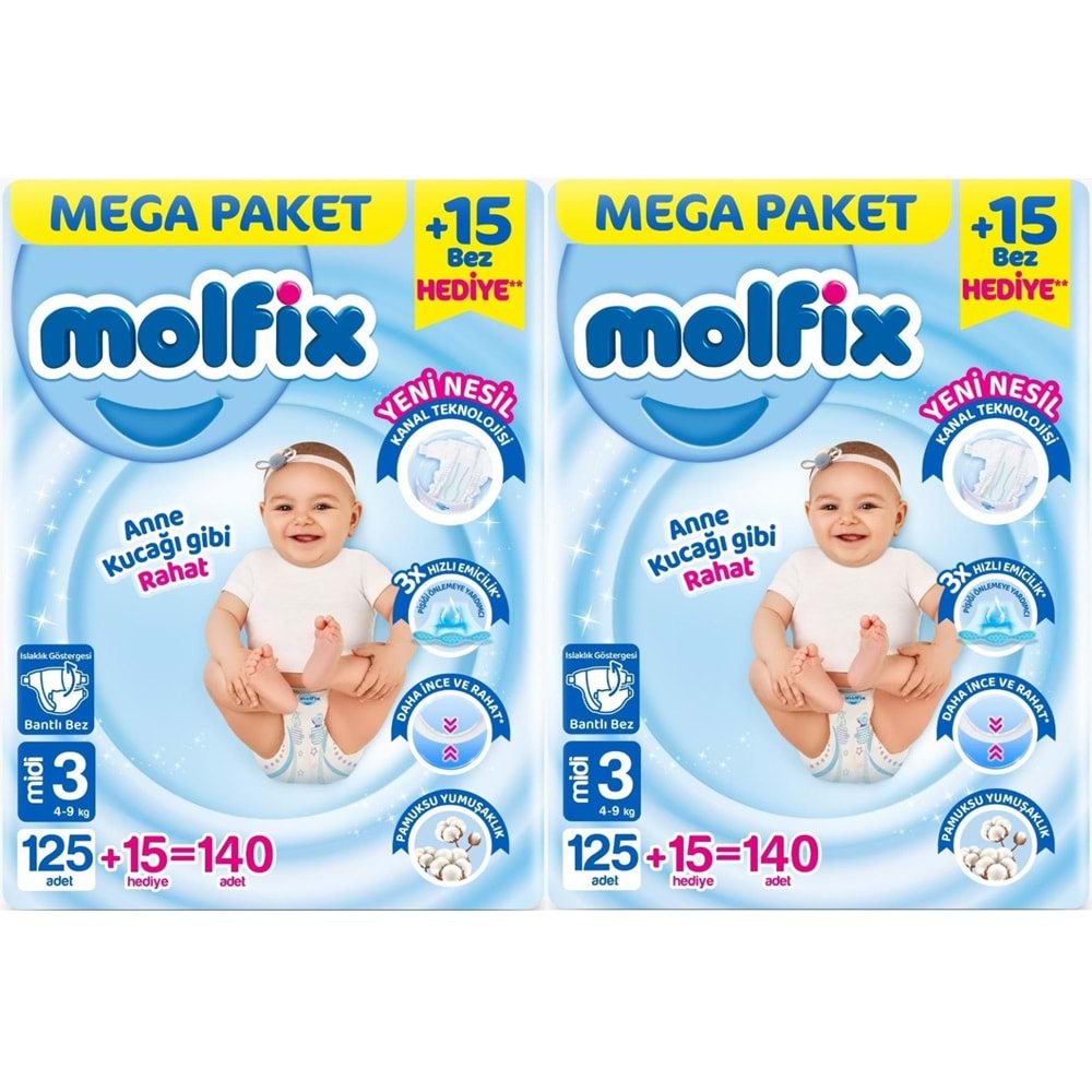Molfix Bebek Bezi 3 Beden 4-9 KG Midi 280 Adet Mega Ekonomik Fırsat Pk