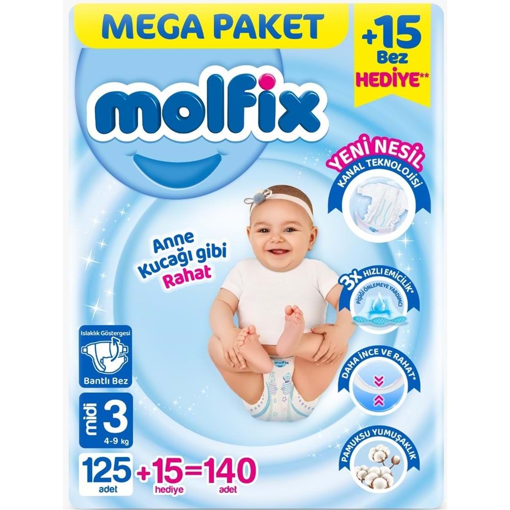 Molfix Bebek Bezi 3 Beden 4-9 KG Midi 280 Adet Mega Ekonomik Fırsat Pk