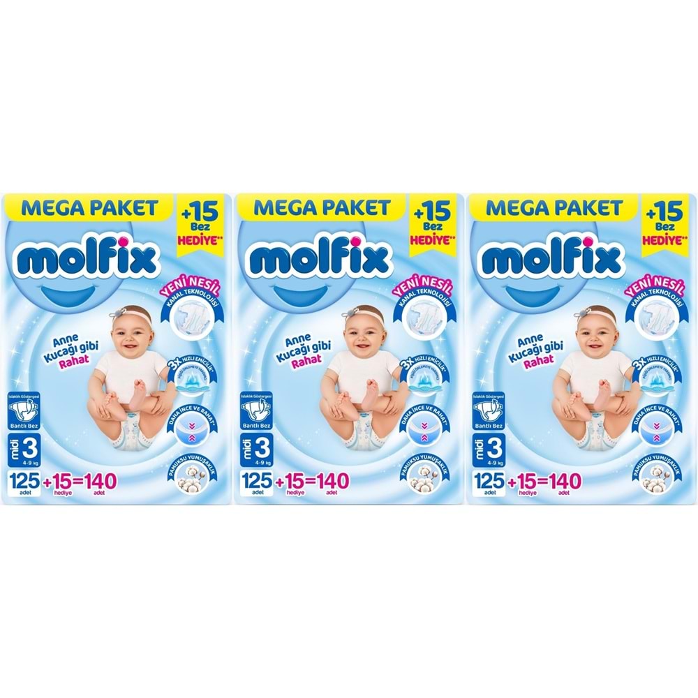 Molfix Bebek Bezi 3 Beden 4-9 KG Midi 420 Adet Mega Aylık Fırsat Pk