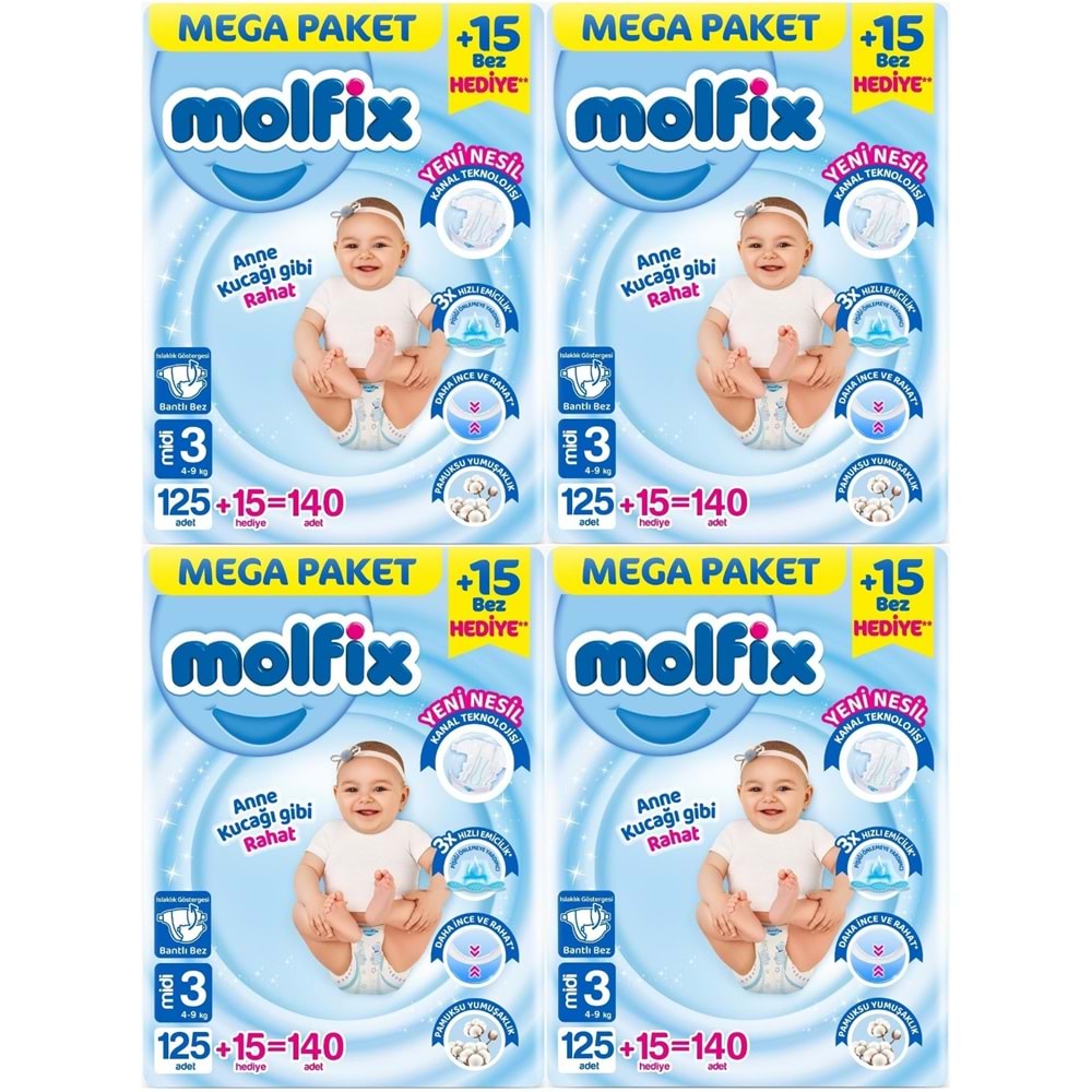 Molfix Bebek Bezi 3 Beden 4-9 KG Midi 560 Adet Mega Avantaj Fırsat Pk