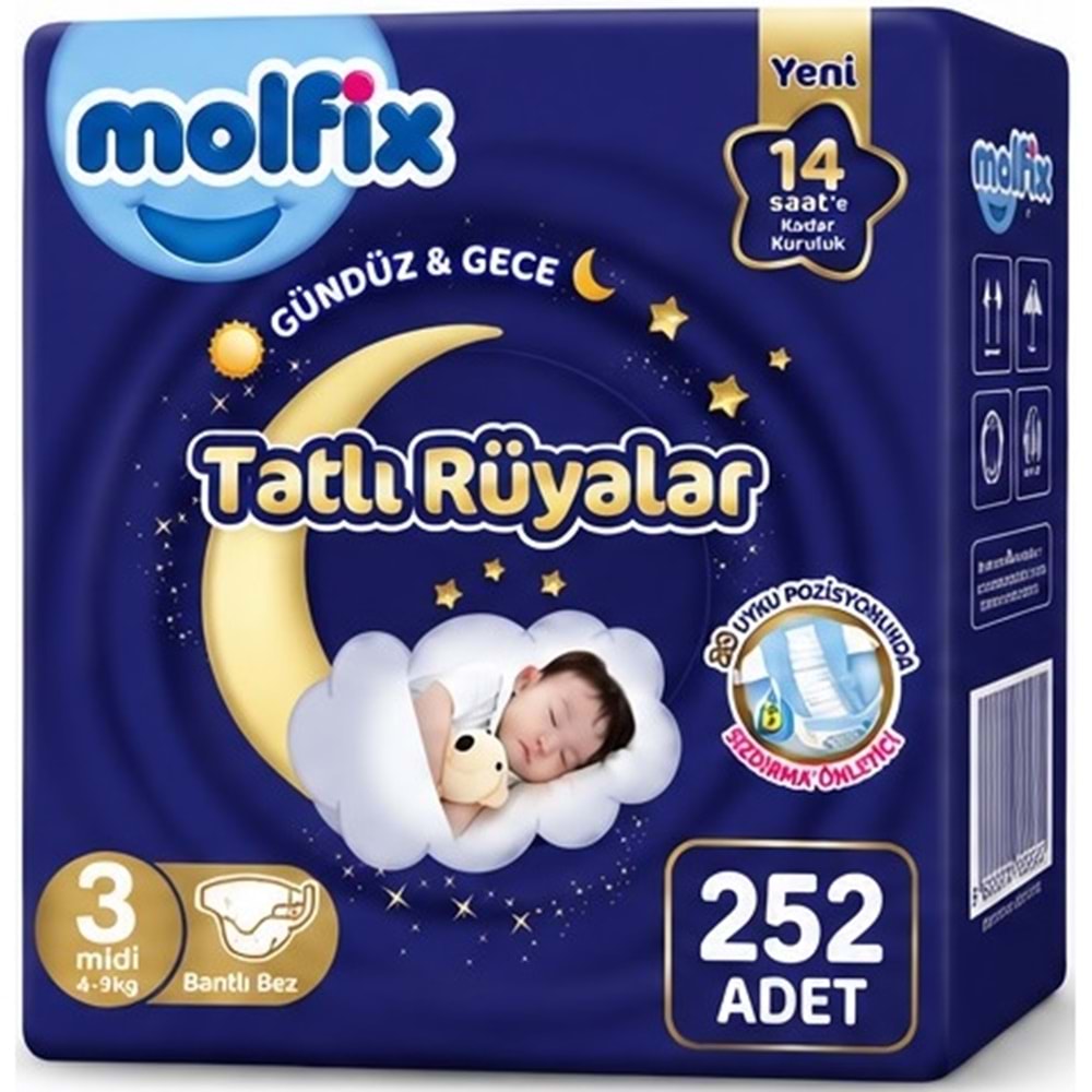 Molfix Tatlı Rüyalar Bebek Bezi 3 Beden 4-9 KG Midi 252 Adet Aylık Fırsat Pk