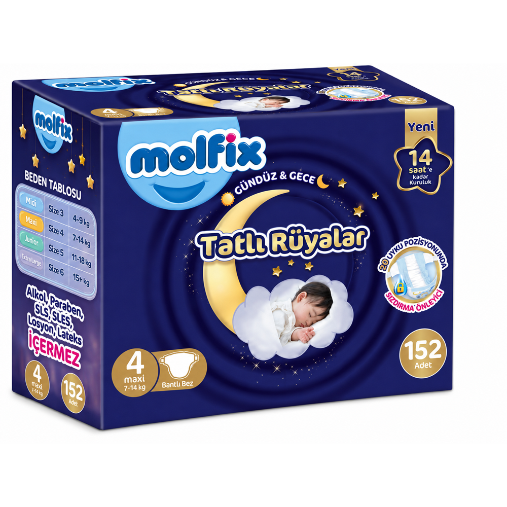 Molfix Tatlı Rüyalar Bebek Bezi 4 Beden 7-14 KG Maxi 152 Adet Ekonomik Fırsat Pk