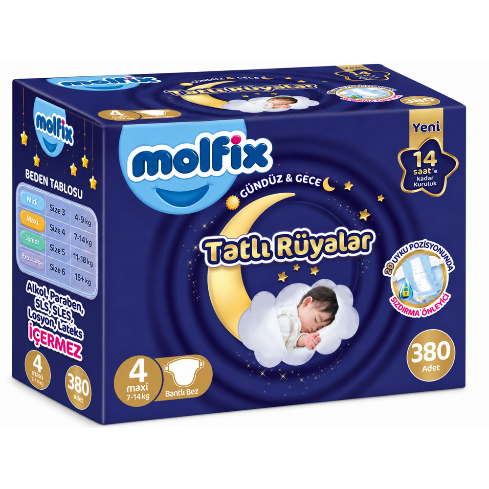 Molfix Tatlı Rüyalar Bebek Bezi 4 Beden 7-14 KG Maxi 380 Adet Mega Fırsat Pk