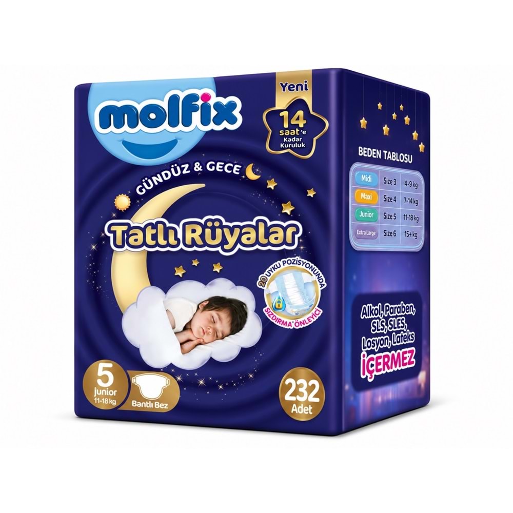 Molfix Tatlı Rüyalar Bebek Bezi 5 Beden 11-18 KG Junior 232 Adet Avantaj Fırsat Pk