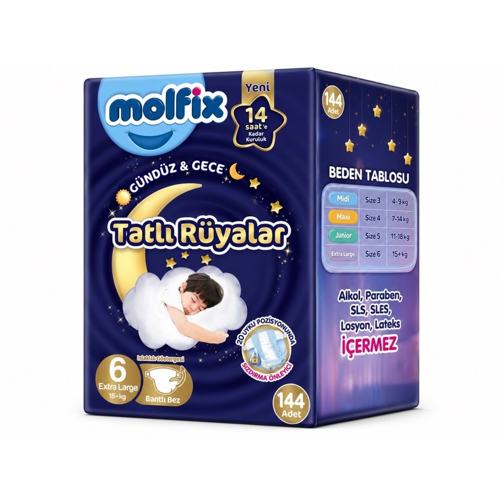 Molfix Tatlı Rüyalar Bebek Bezi 6 Beden15+ KG Extra Large 144 Adet Aylık Fırsat Pk
