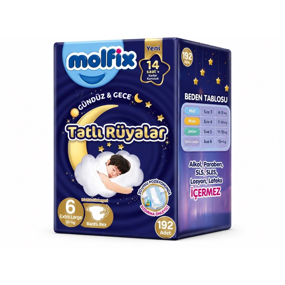 Molfix Tatlı Rüyalar Bebek Bezi 6 Beden15+ KG Extra Large 192 Adet Avantaj Fırsat Pk