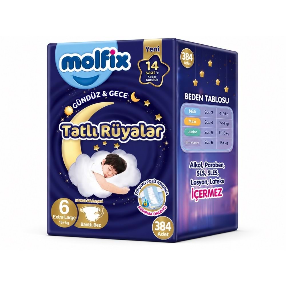 Molfix Tatlı Rüyalar Bebek Bezi 6 Beden15+ KG Extra Large 384 Adet Dev Ekonomik Fırsat Pk