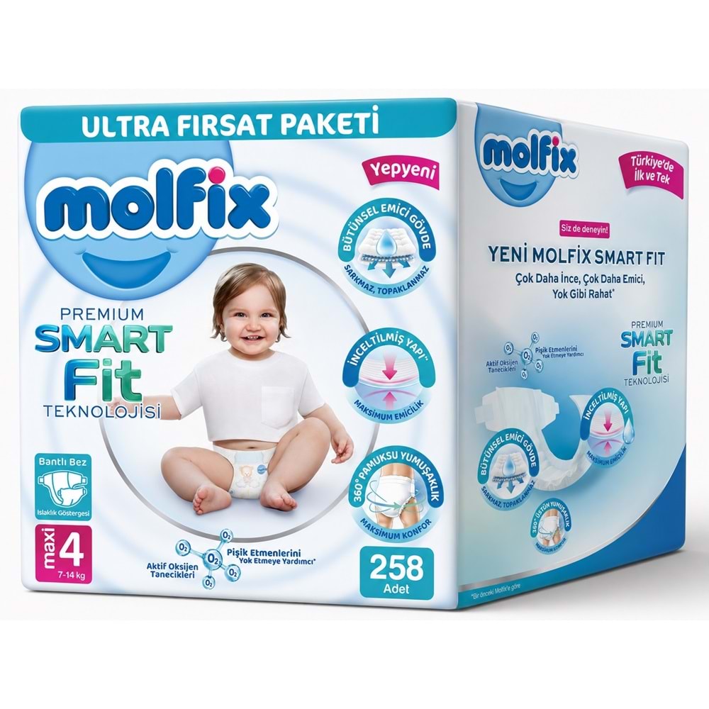 Molfix Premium Smart Fit Bebek Bezi 4 Beden 7-14 KG Maxi 258 Adet Aylık Ultra Fırsat Pk